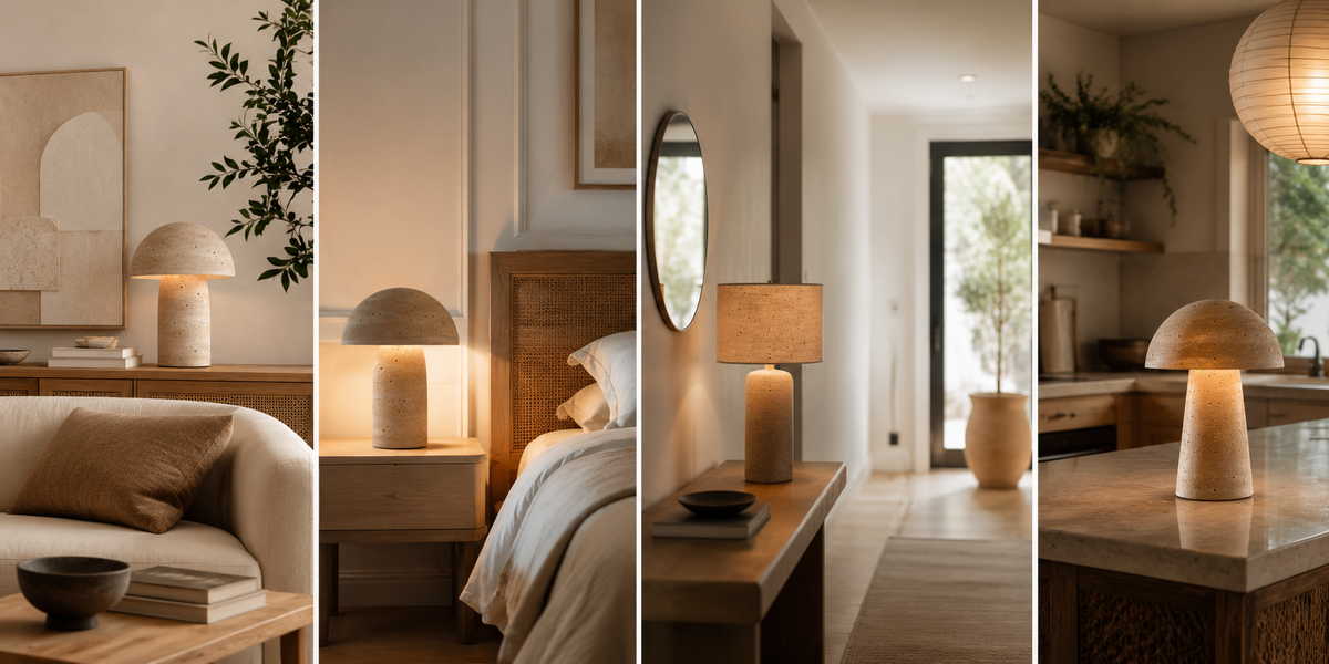 Montage de différentes pièces de la maison montrant une lampe en travertin installée dans un salon, une chambre, une entrée et une cuisine au style contemporain. Image