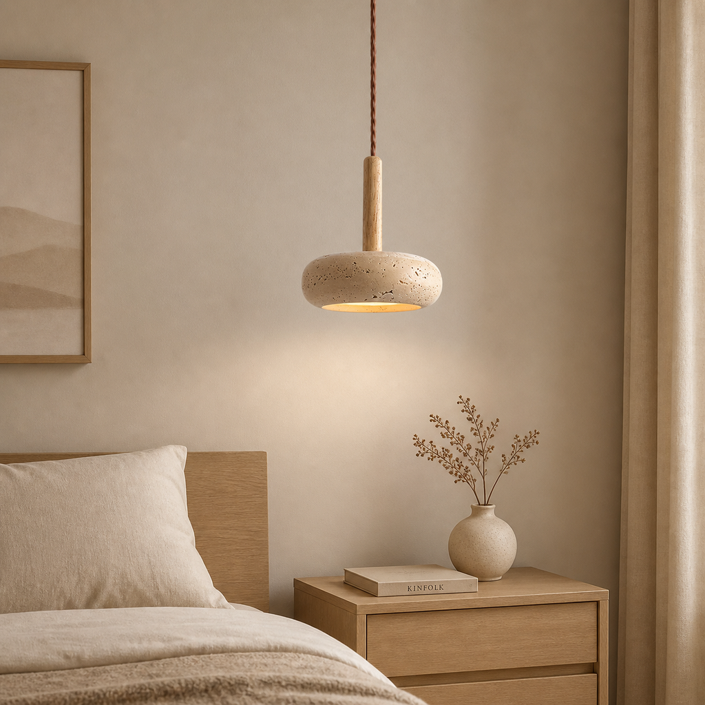 Suspension moderne en travertin & bois | Travert