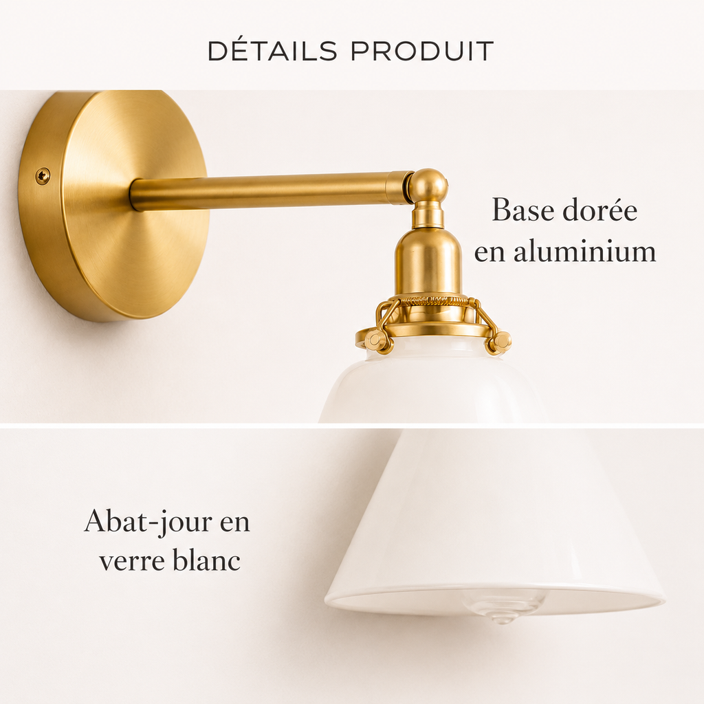 Détails de l'applique murale dorée avec base en aluminium et abat-jour en verre blanc