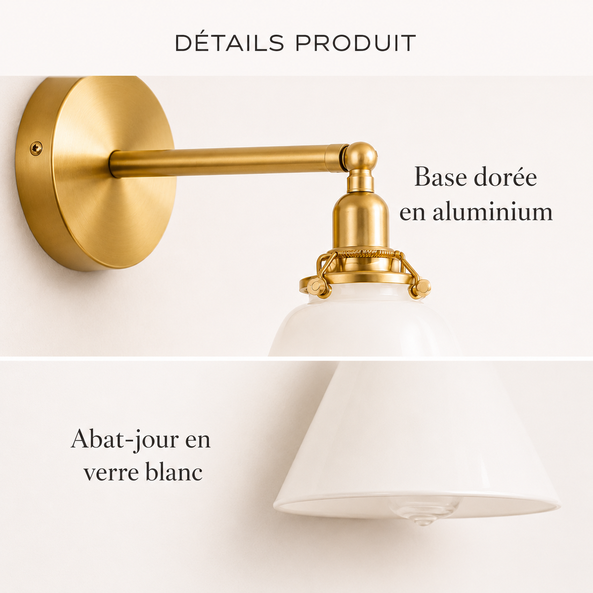Détails de l'applique murale dorée avec base en aluminium et abat-jour en verre blanc