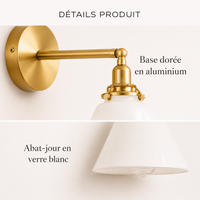 Détails de l'applique murale dorée avec base en aluminium et abat-jour en verre blanc