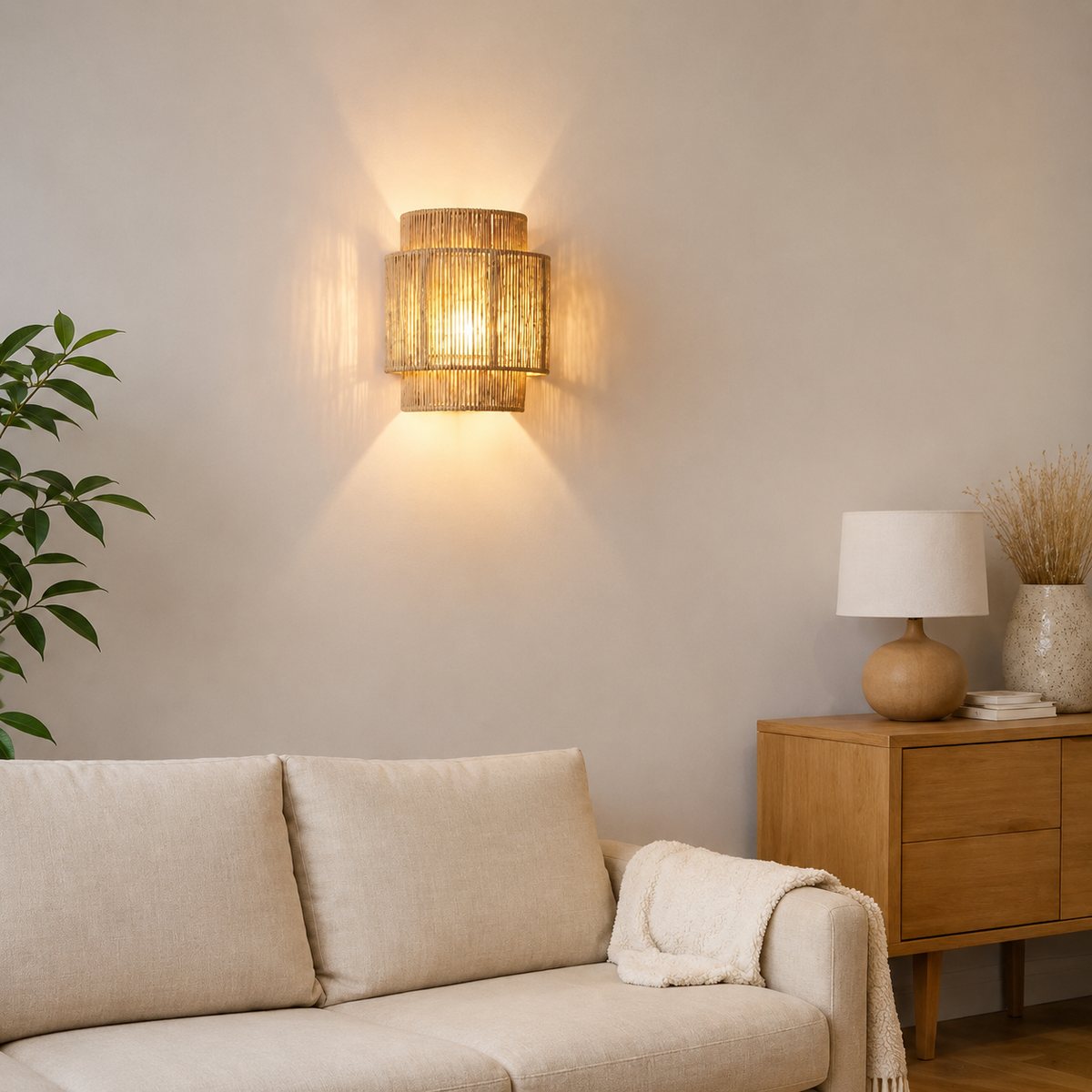 Applique murale en rotin allumée installée dans un salon scandinave avec canapé beige et meuble en bois