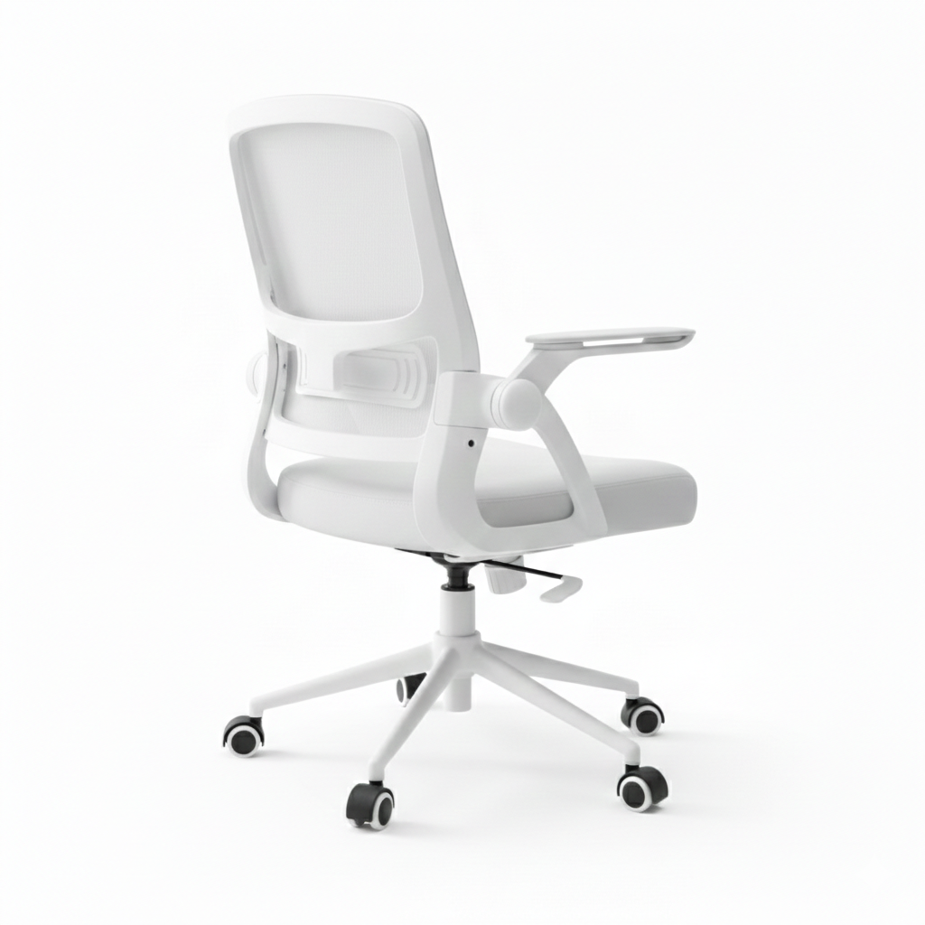 Siège de bureau blanc vue arrière montrant le soutien lombaire et le design du pied