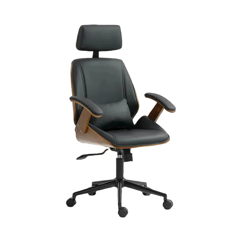 Chaise de bureau design en bois de noyer et cuir noir avec appui-tete