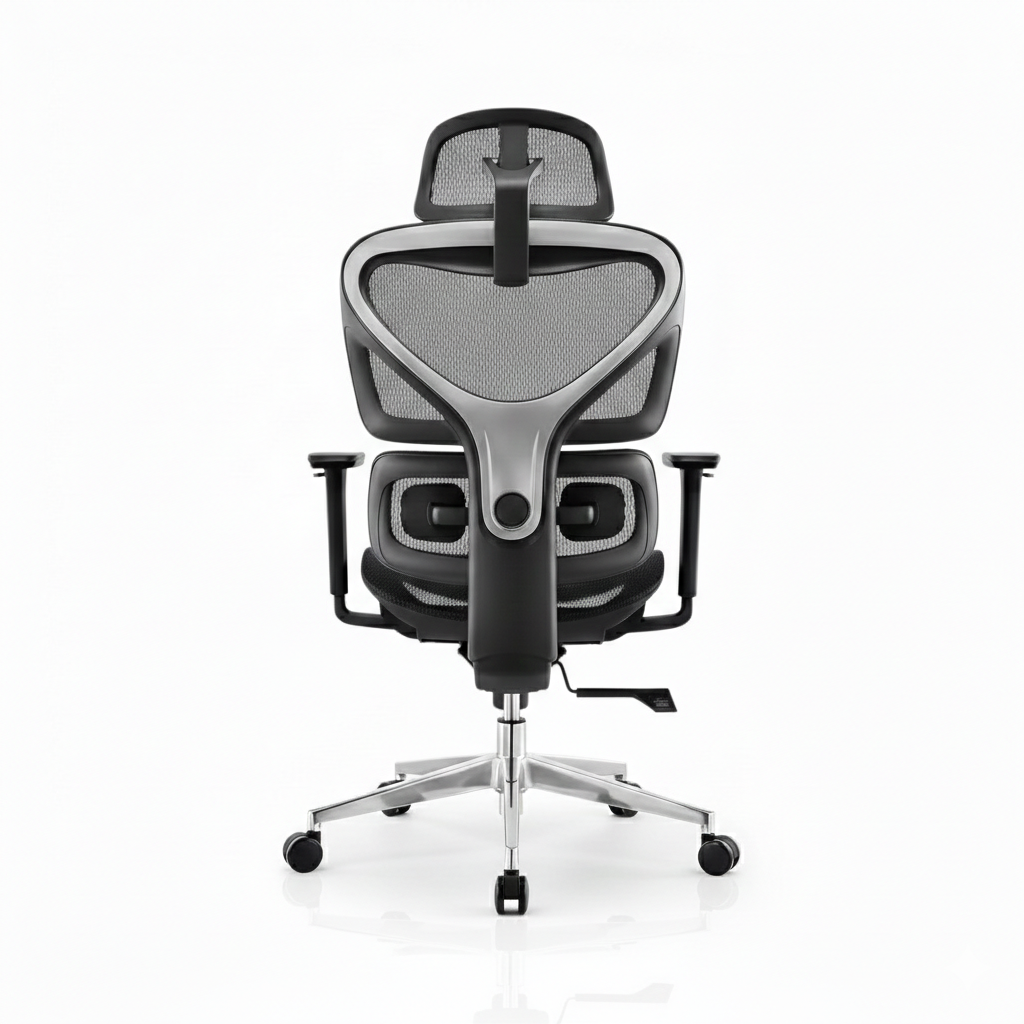 Siège de bureau ergonomique vue arrière montrant la structure en aluminium brossé