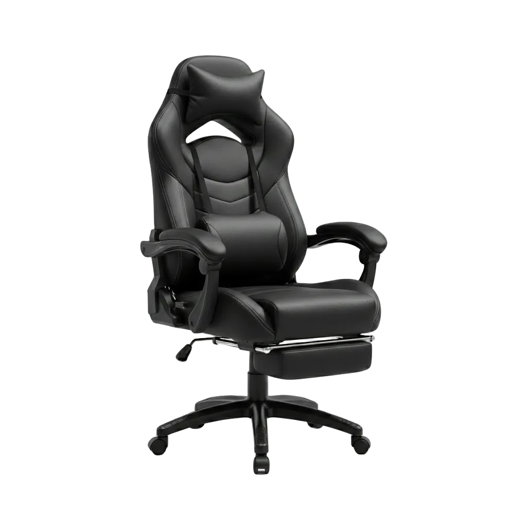 Chaise gaming noire style baquet avec repose-pieds et coussin lombaire