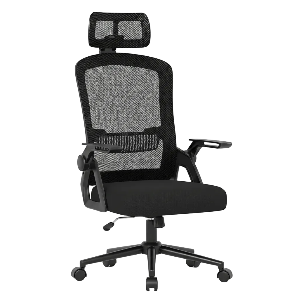 Chaise de bureau ergonomique noire vue de profil avec accoudoirs relevables