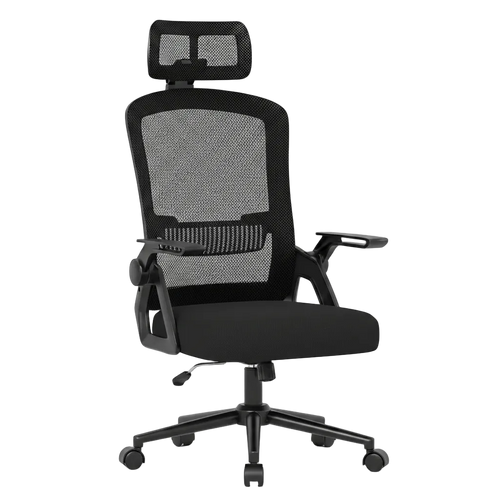 Chaise de bureau ergonomique noire vue de profil avec accoudoirs relevables