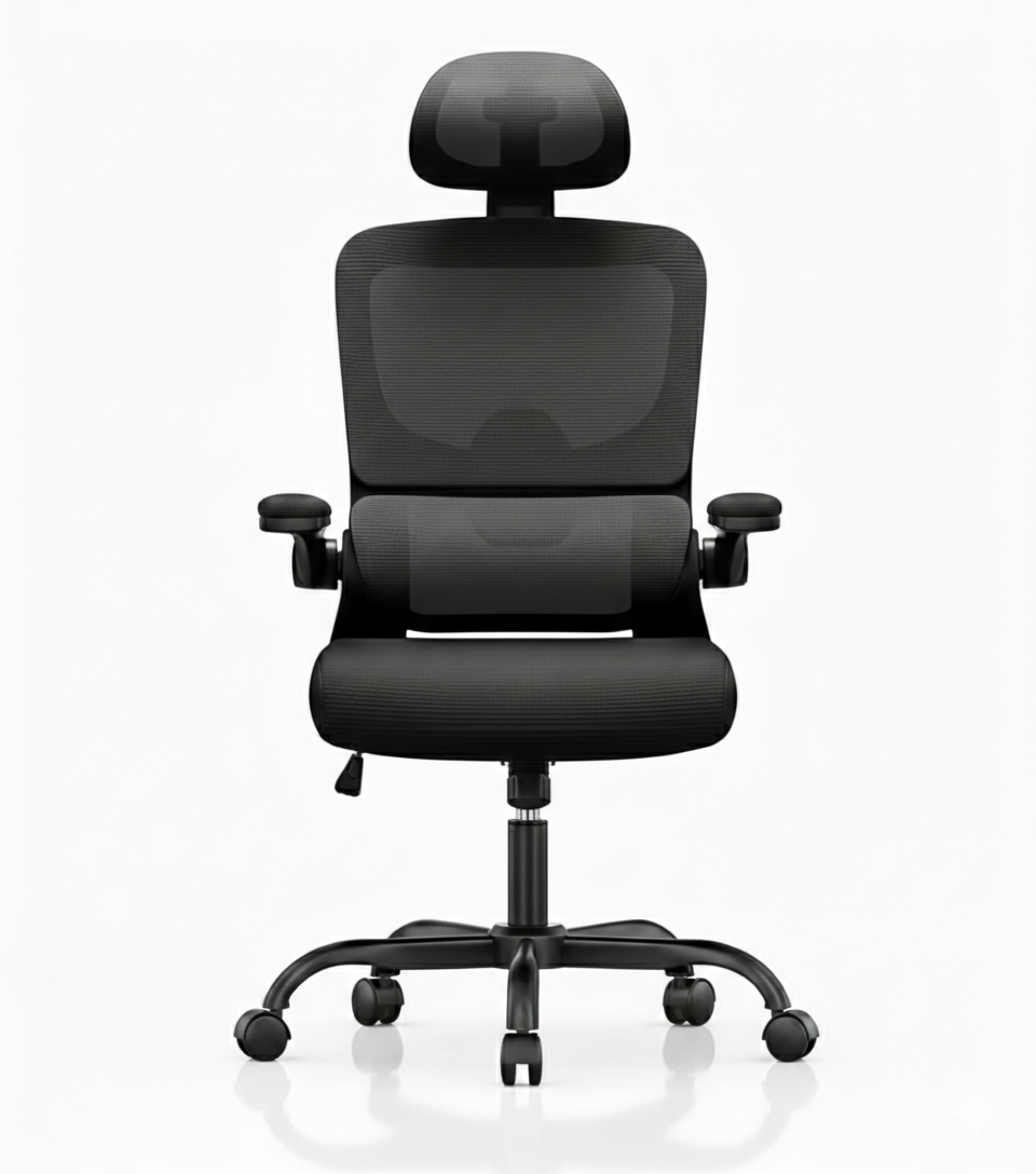 Fauteuil de bureau noir dossier haut en maille avec accoudoirs réglables