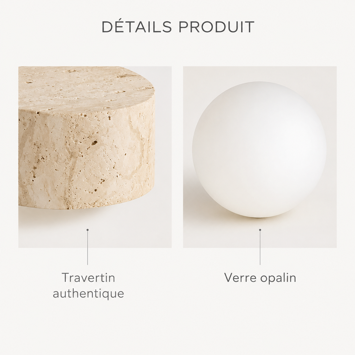 Détails de l'applique murale en travertin authentique avec globe en verre opalin