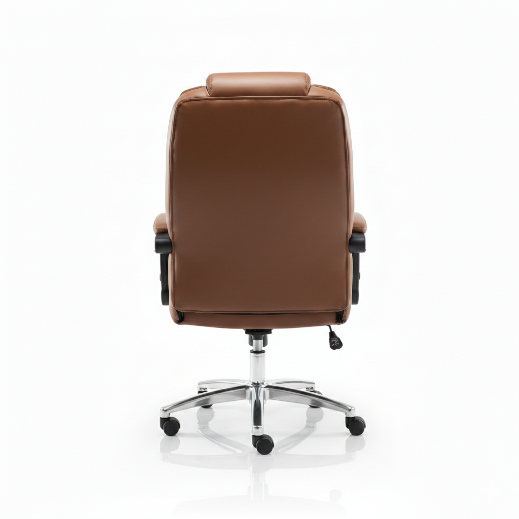 Fauteuil de bureau de luxe vue de dos montrant la finition cuir et le pied chromé