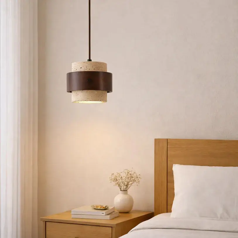 Suspension moderne en travertin & Bois noyer Ø 20 cm | Merasi