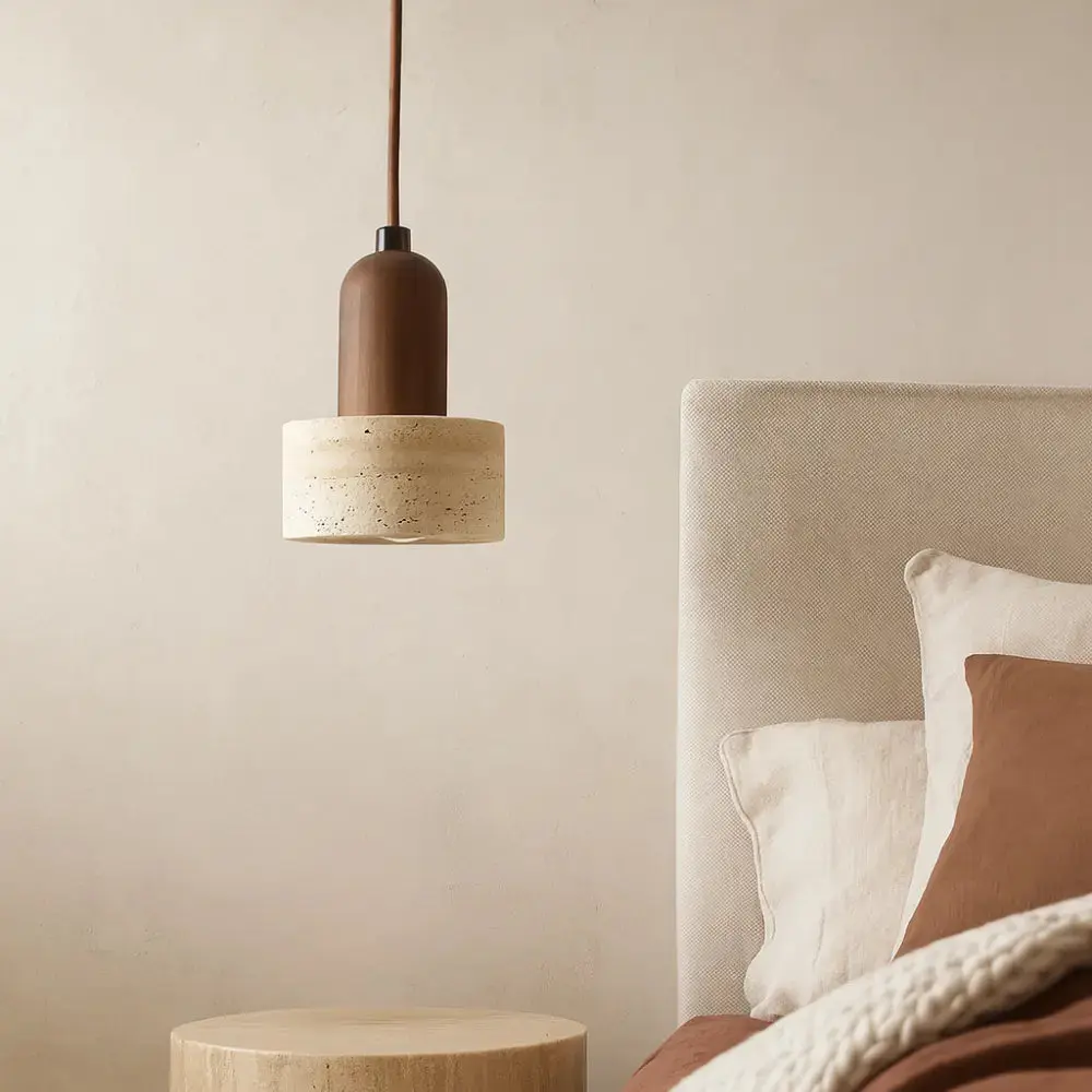 Suspension design épuré en pierre de travertin & bois | Gluoni