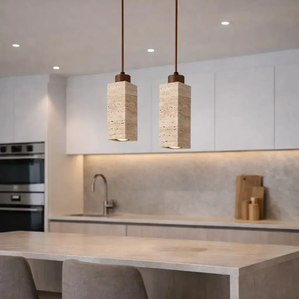 Suspension scandinave en travertin & bois | Niveoli