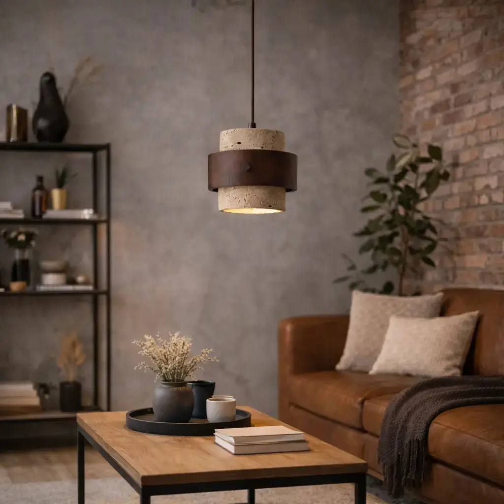 Suspension moderne en travertin & Bois noyer Ø 20 cm | Merasi
