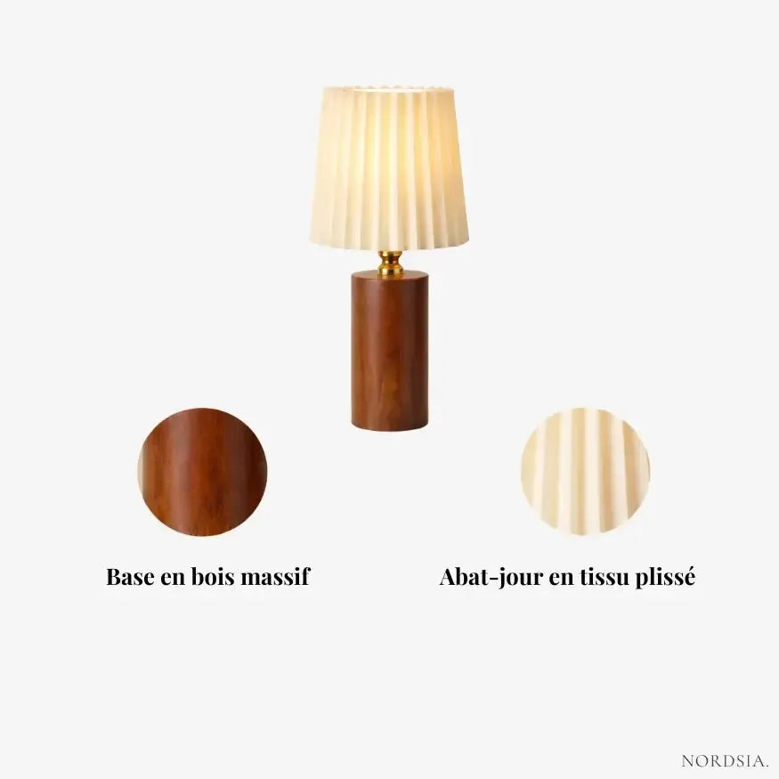 Lampe de chevet bois massif & tissu plissé | Ruera