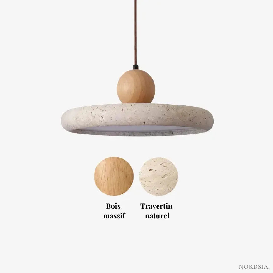 Suspension design scandinave en travertin & bois Ø 30 cm | Platino