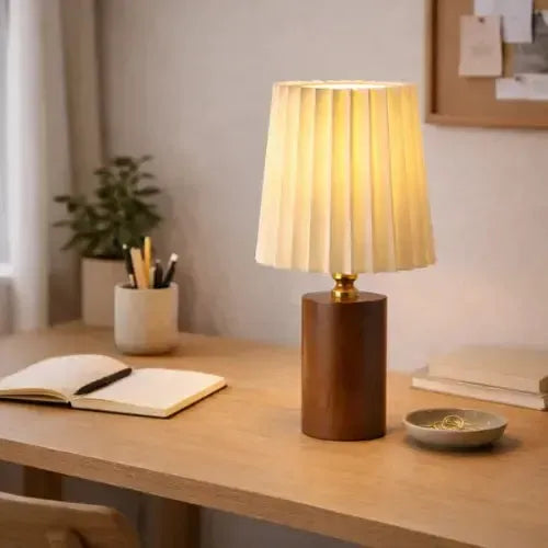Lampe de chevet bois massif & tissu plissé | Ruera