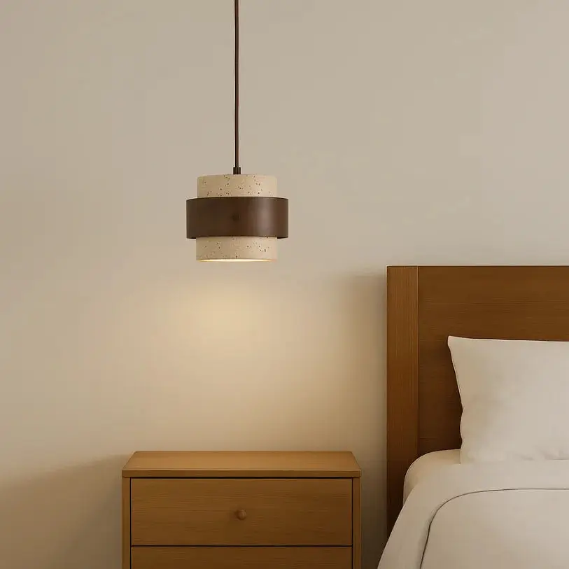 Suspension moderne en travertin & Bois noyer Ø 20 cm | Merasi