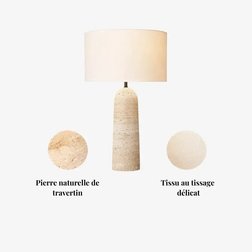 Lampe moderne en travertin & tissu | Omiu - LuminaSeat