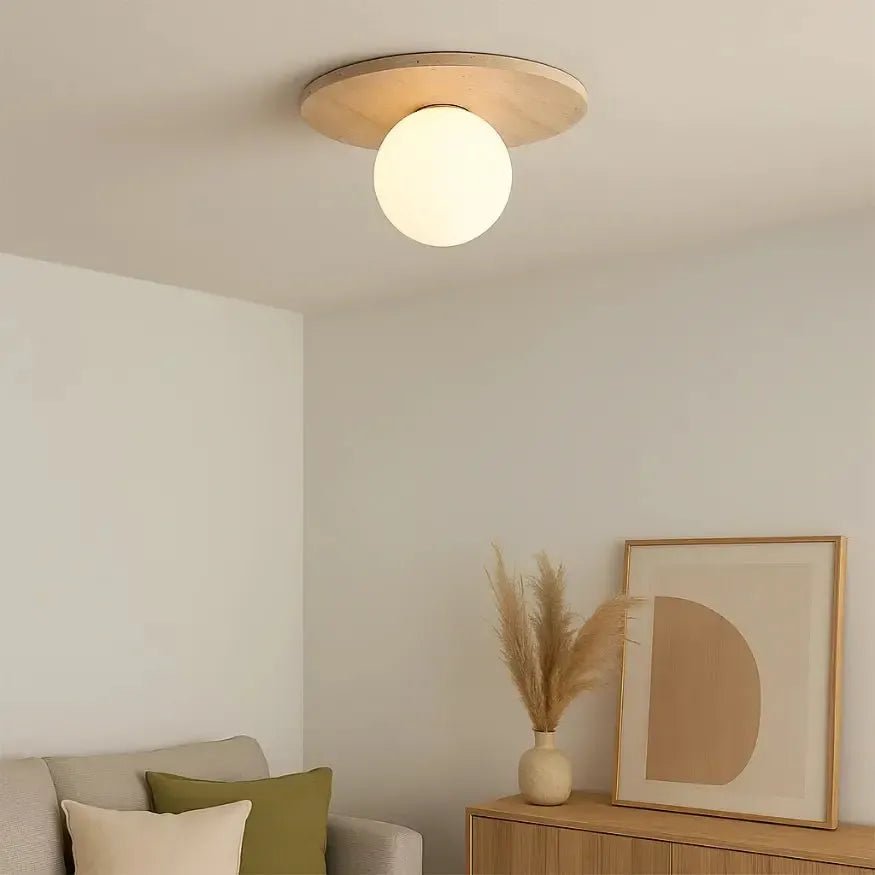 Plafonnier design scandinave en travertin & bois | Plati - LuminaSeat