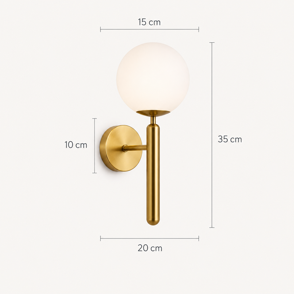 Schéma des dimensions de l'applique murale dorée avec globe en verre opalin, hauteur 35 cm, largeur 20 cm et globe de 15 cm