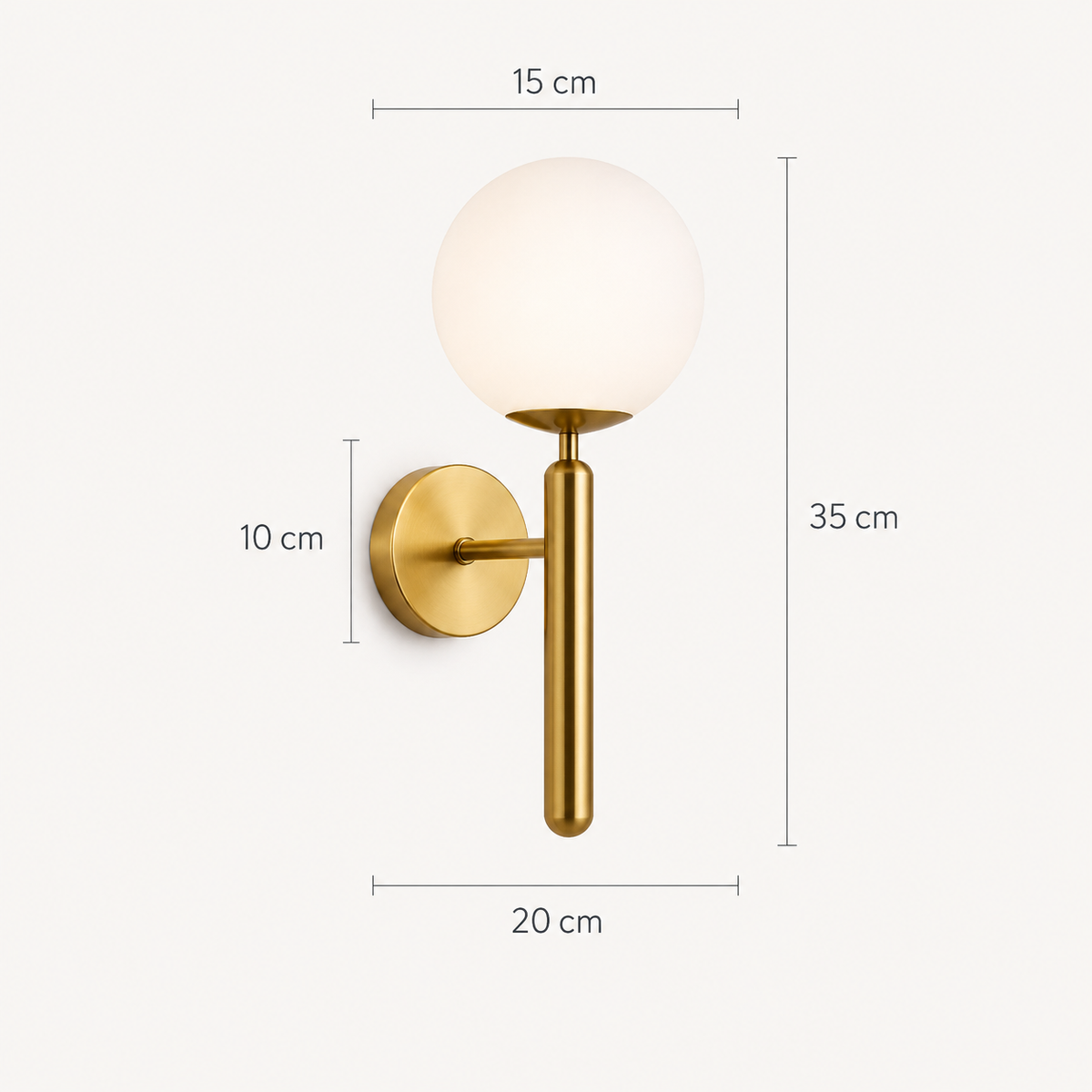 Schéma des dimensions de l'applique murale dorée avec globe en verre opalin, hauteur 35 cm, largeur 20 cm et globe de 15 cm