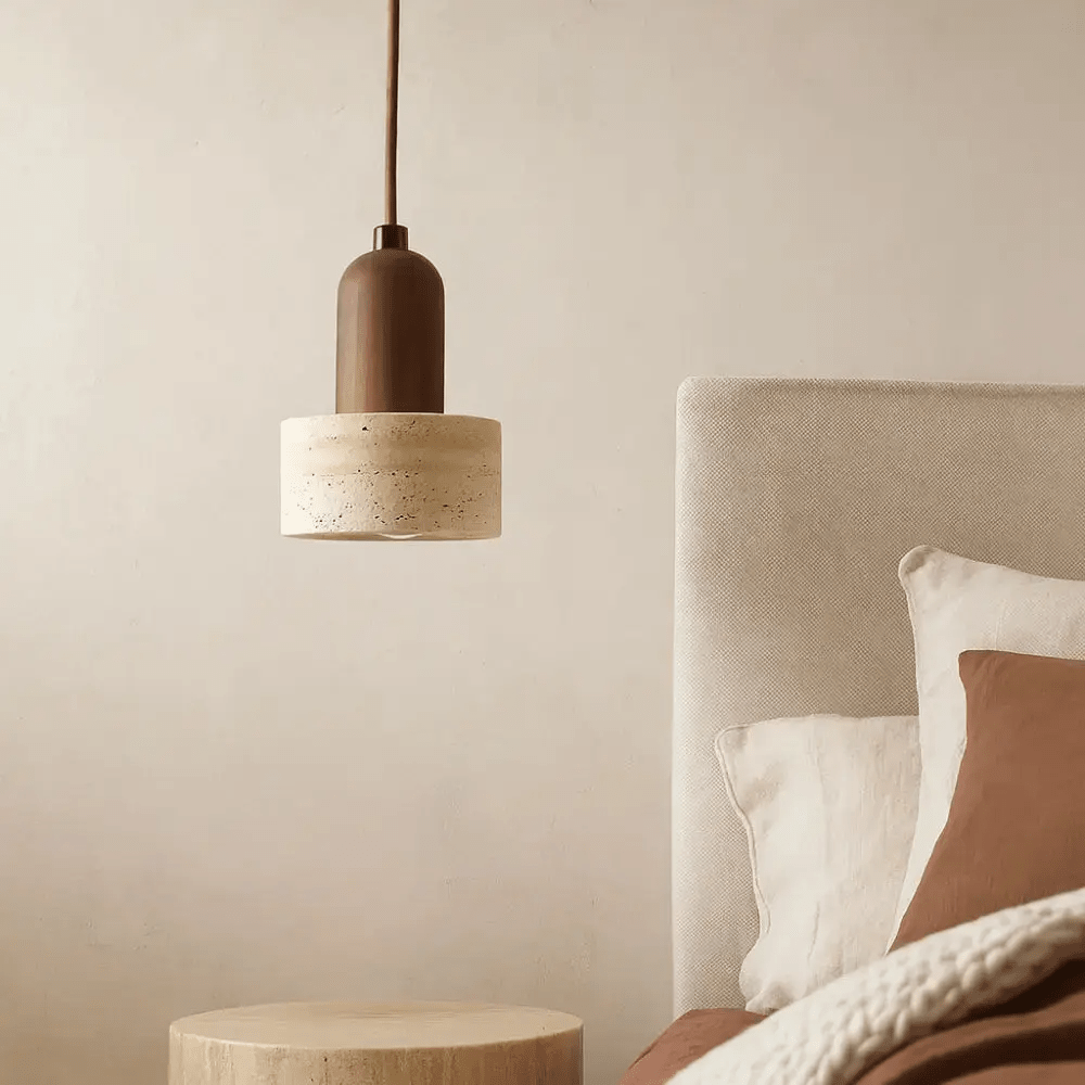 Suspension design épuré en pierre de travertin & bois | Gluoni - LuminaSeat