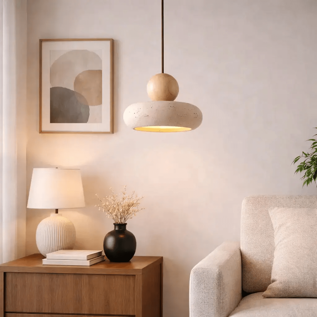 Suspension design minimaliste en travertin & bois | Limae - LuminaSeat