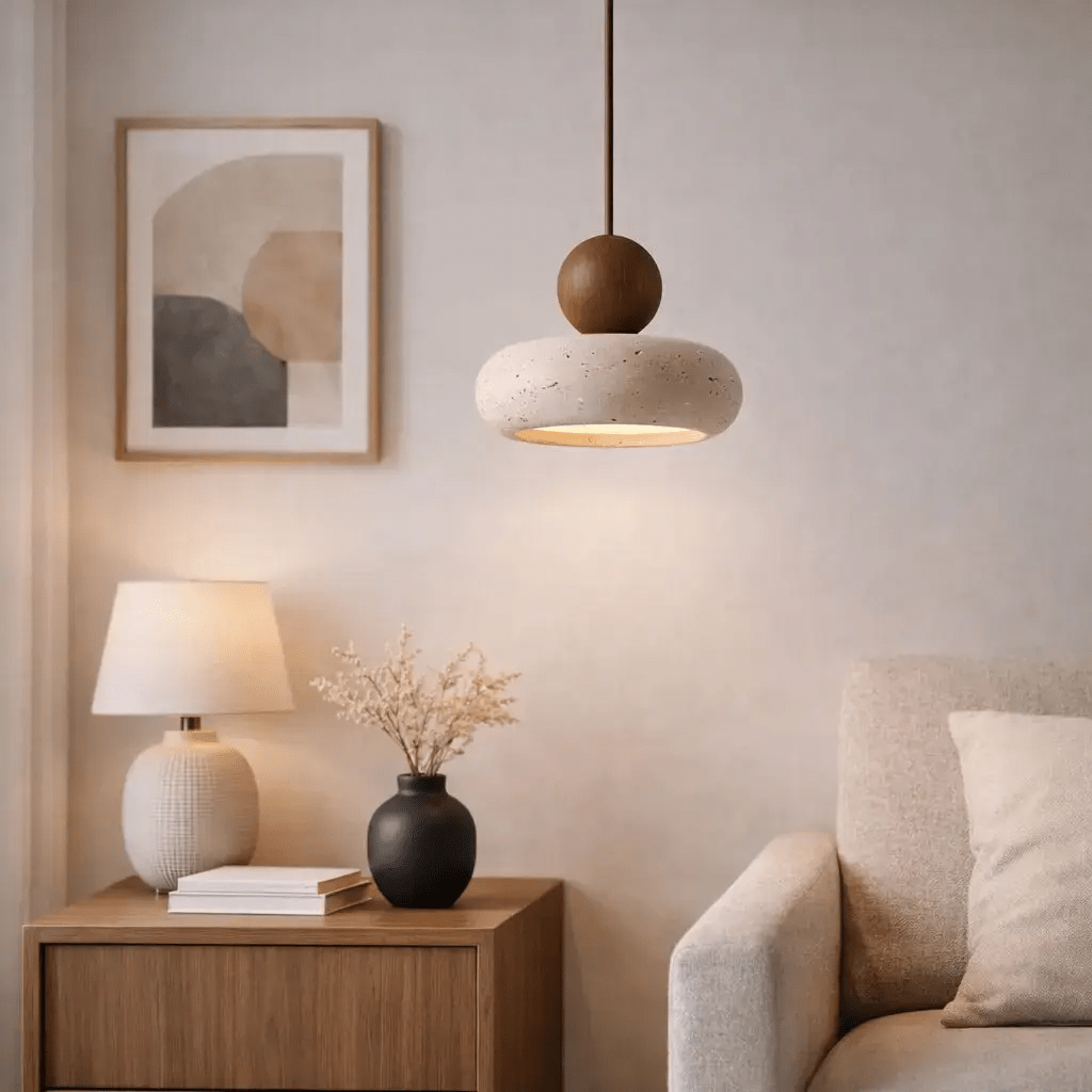 Suspension design minimaliste en travertin & bois | Limae - LuminaSeat