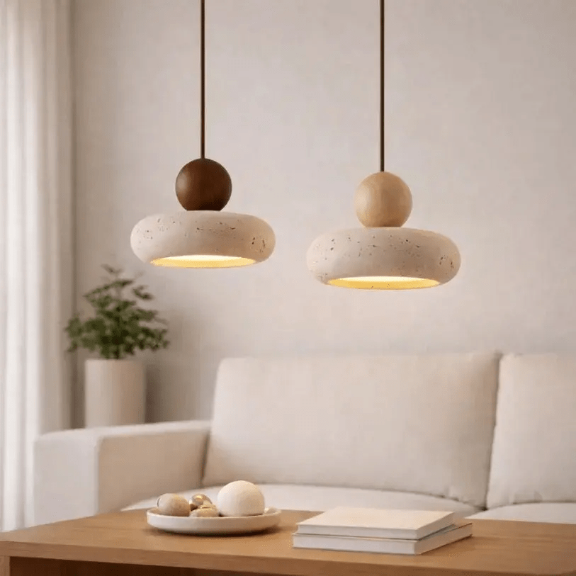 Suspension design minimaliste en travertin & bois | Limae - LuminaSeat