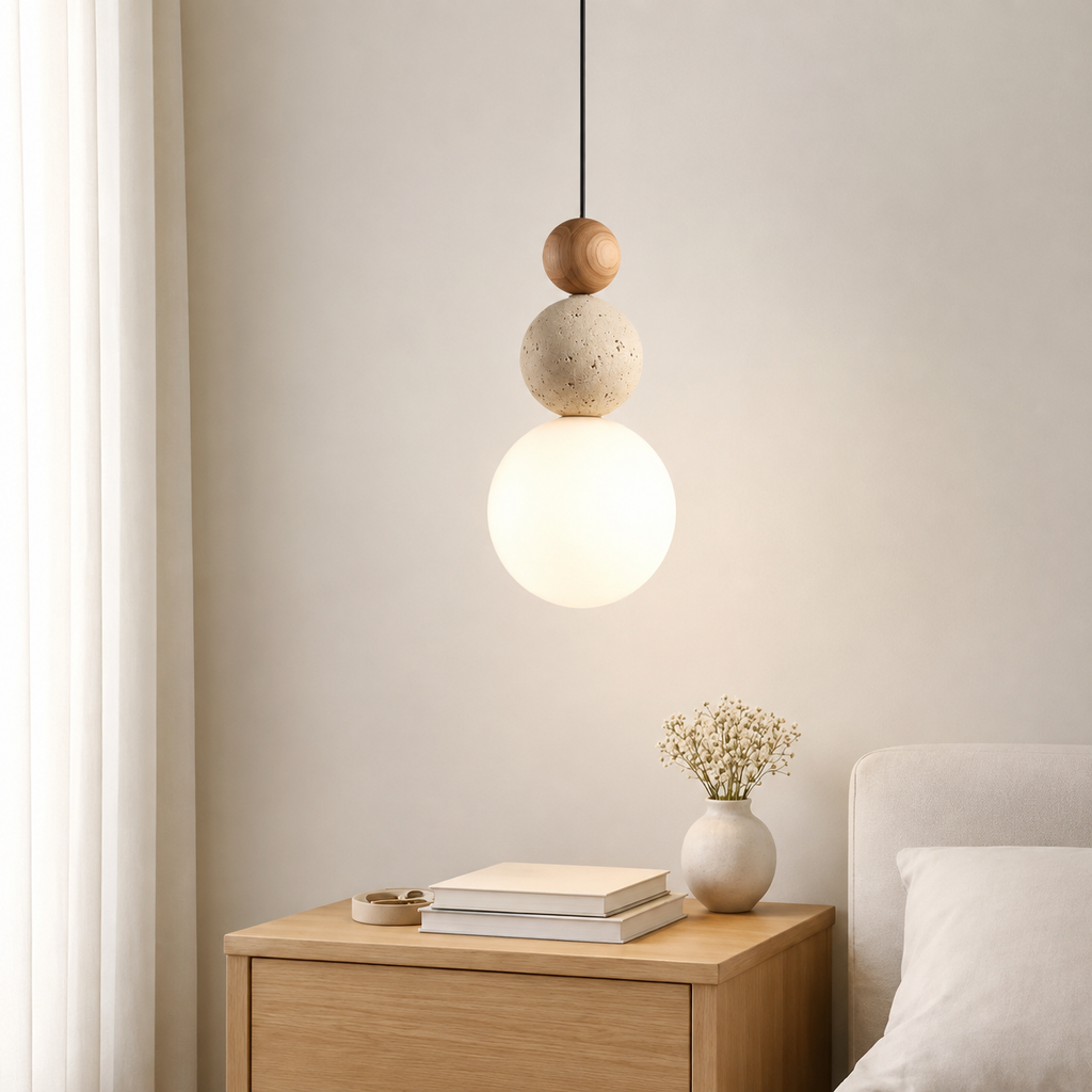 Suspension design nordique composée de trois sphères empilées en bois, travertin beige et verre dépoli.