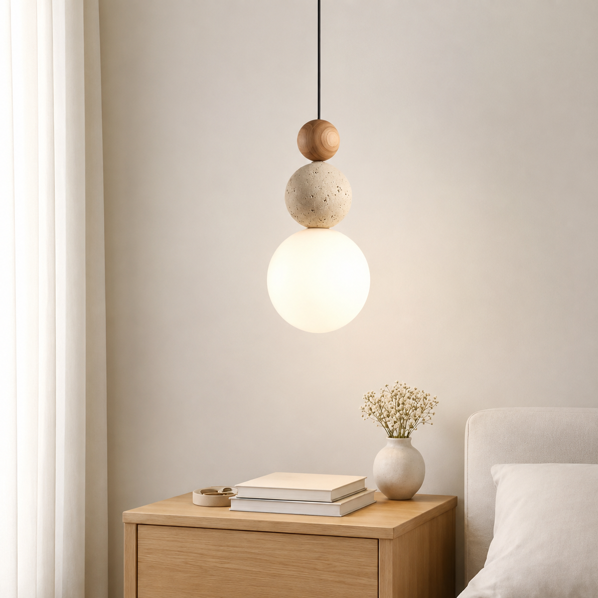 Suspension design nordique composée de trois sphères empilées en bois, travertin beige et verre dépoli.