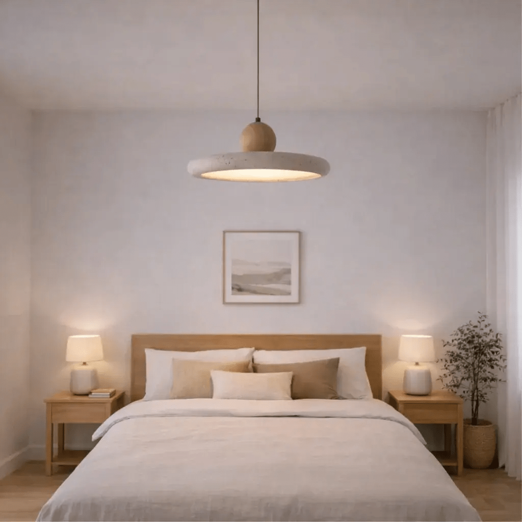 Suspension design scandinave en travertin & bois Ø 30 cm | Platino - LuminaSeat
