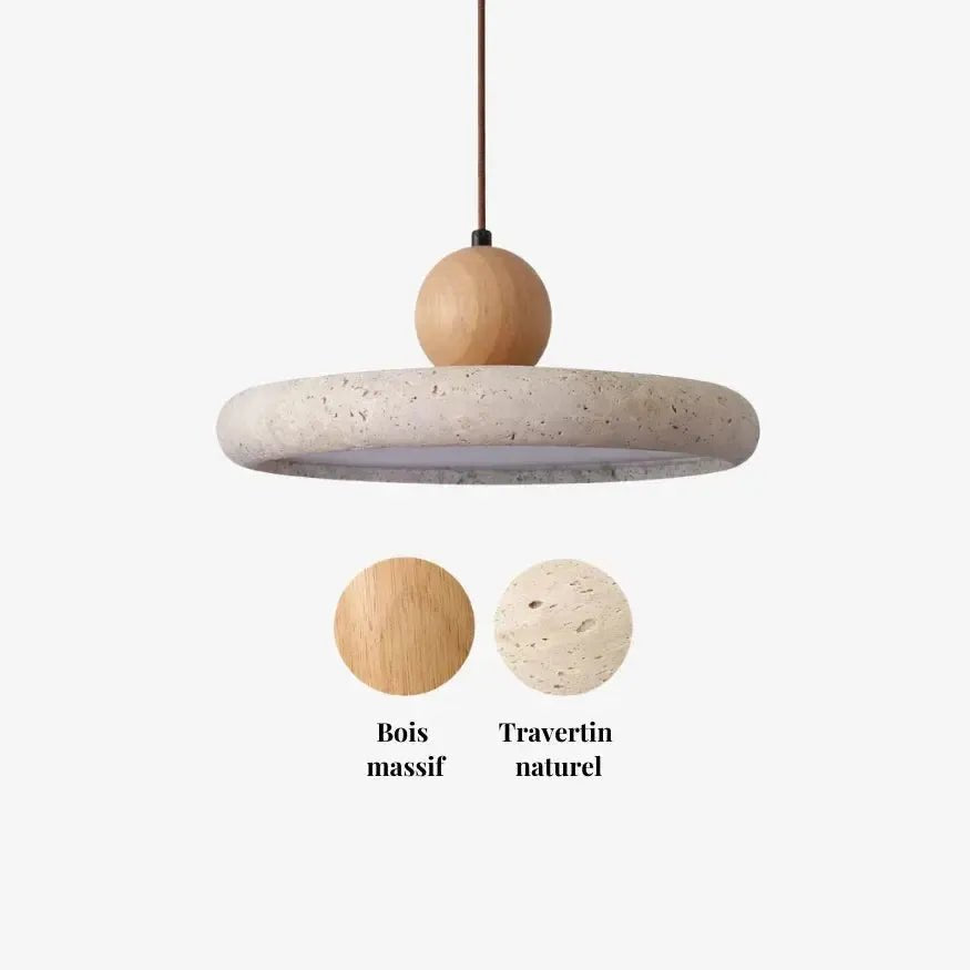 Suspension design scandinave en travertin & bois Ø 30 cm | Platino - LuminaSeat
