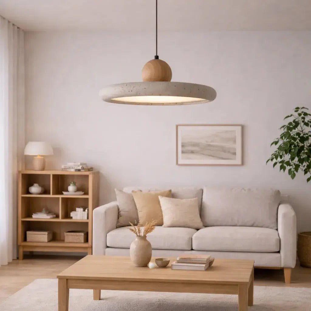 Suspension design scandinave en travertin & bois Ø 30 cm | Platino - LuminaSeat