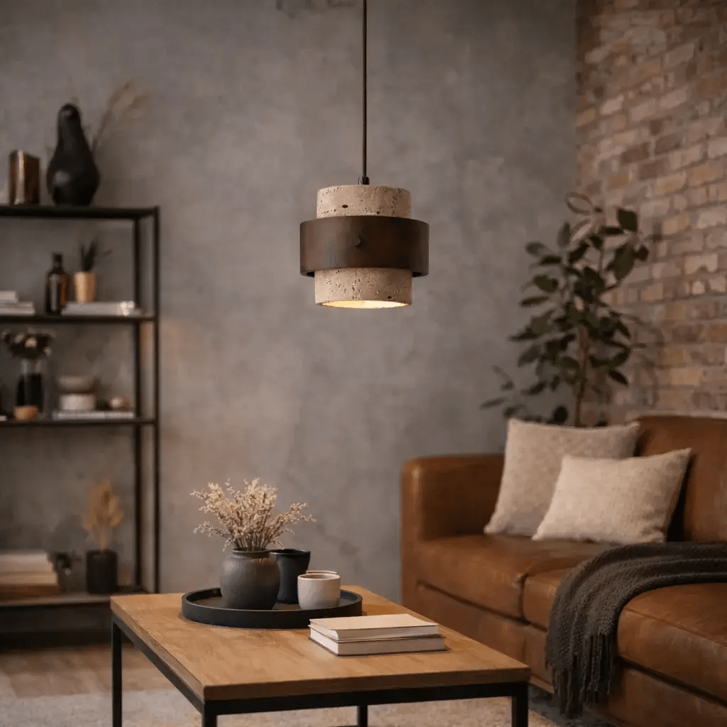 Suspension moderne en travertin & Bois noyer Ø 20 cm | Merasi - LuminaSeat