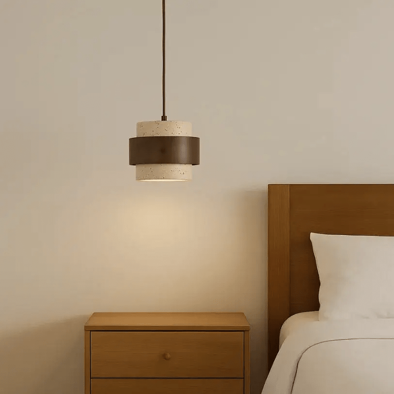 Suspension moderne en travertin & Bois noyer Ø 20 cm | Merasi - LuminaSeat
