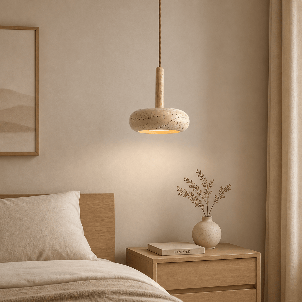 Suspension moderne en travertin & bois | Travert - LuminaSeat