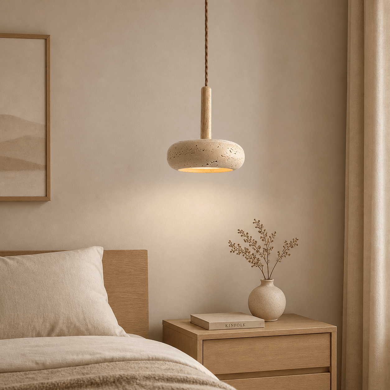Suspension moderne en travertin & bois | Travert - LuminaSeat