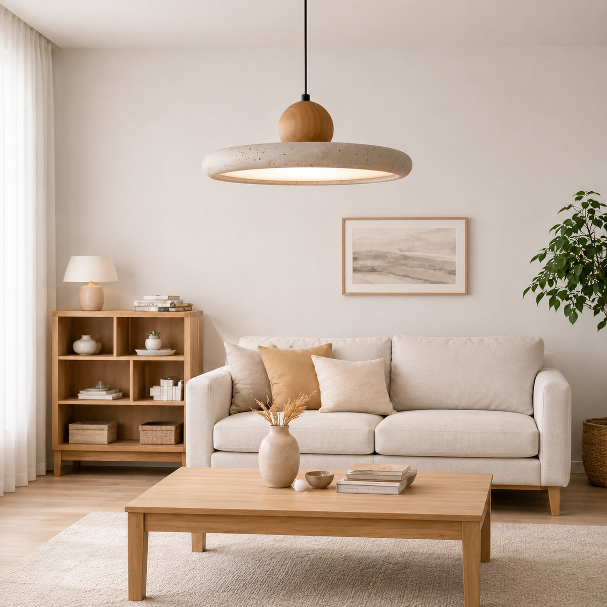 Suspension en travertin et bois clair avec disque de pierre naturelle dans un intérieur scandinave